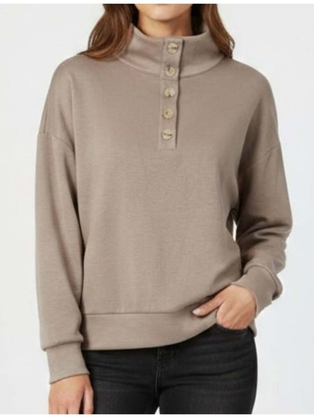 Scoop Women’s Scuba Button Neck Sweatshirt Mushroom Brown Beige  M 8-10 NWT